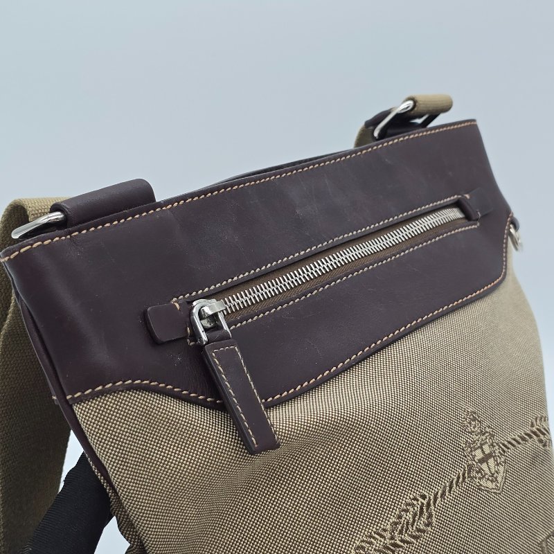 PRADA 普拉達 中古 JACQUARD 帆布肩包 真皮 卡其色 偏米色 深棕色牛皮 肩背包-5