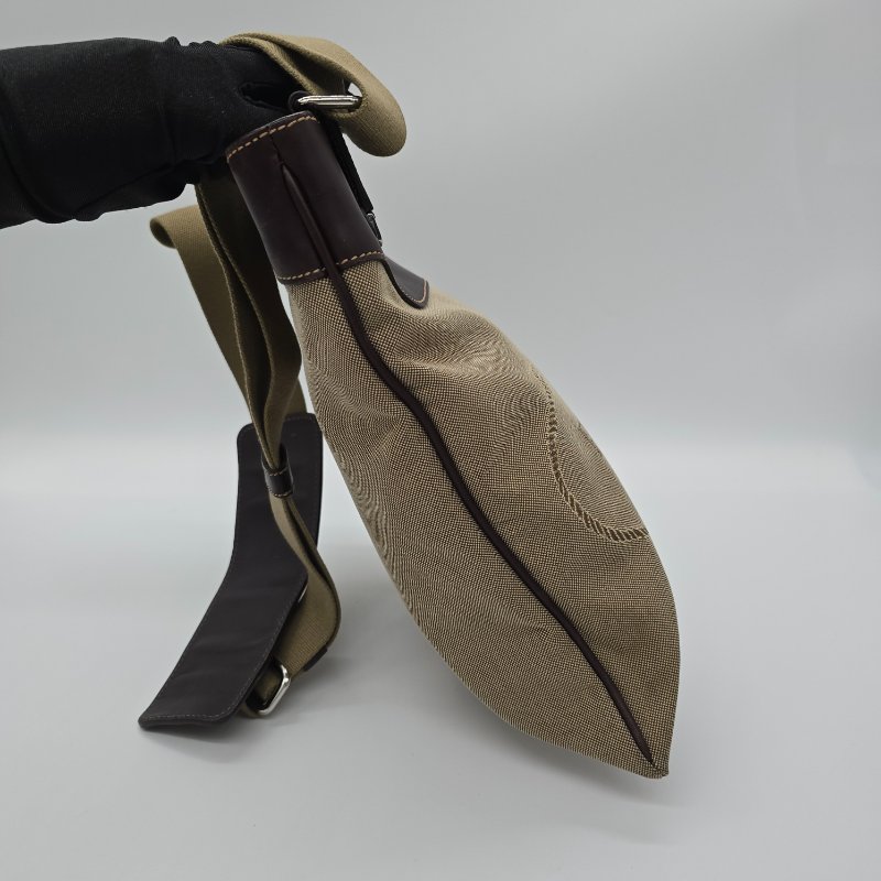 PRADA 普拉達 中古 JACQUARD 帆布肩包 真皮 卡其色 偏米色 深棕色牛皮 肩背包-6