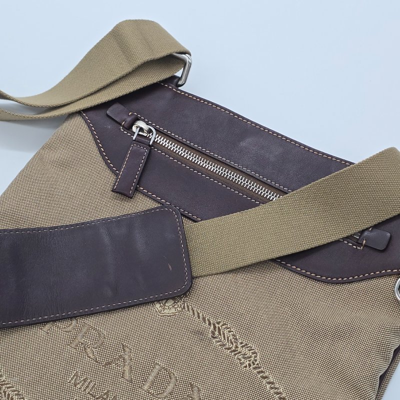 PRADA 普拉達 中古 JACQUARD 帆布肩包 真皮 卡其色 偏米色 深棕色牛皮 肩背包-7
