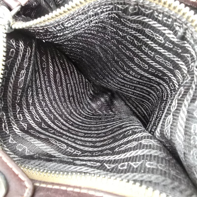 PRADA 普拉達 中古 JACQUARD 帆布肩包 真皮 卡其色 偏米色 深棕色牛皮 肩背包-8