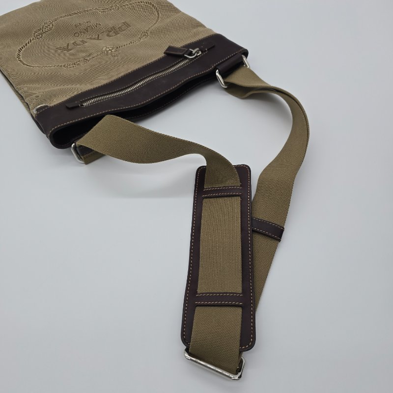 PRADA 普拉達 中古 JACQUARD 帆布肩包 真皮 卡其色 偏米色 深棕色牛皮 肩背包-9