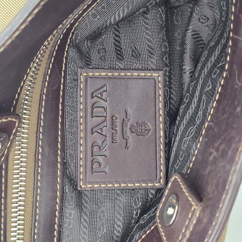 PRADA 普拉達 中古 JACQUARD 帆布肩包 真皮 卡其色 偏米色 深棕色牛皮 肩背包-10