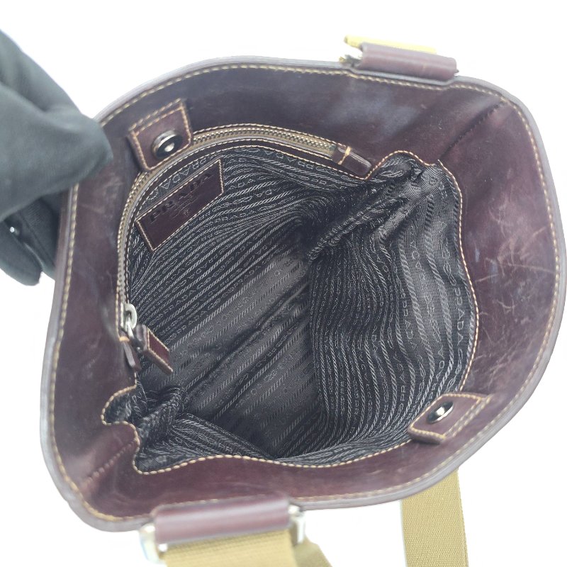 PRADA 普拉達 中古 JACQUARD 帆布肩包 真皮 卡其色 偏米色 深棕色牛皮 肩背包-11