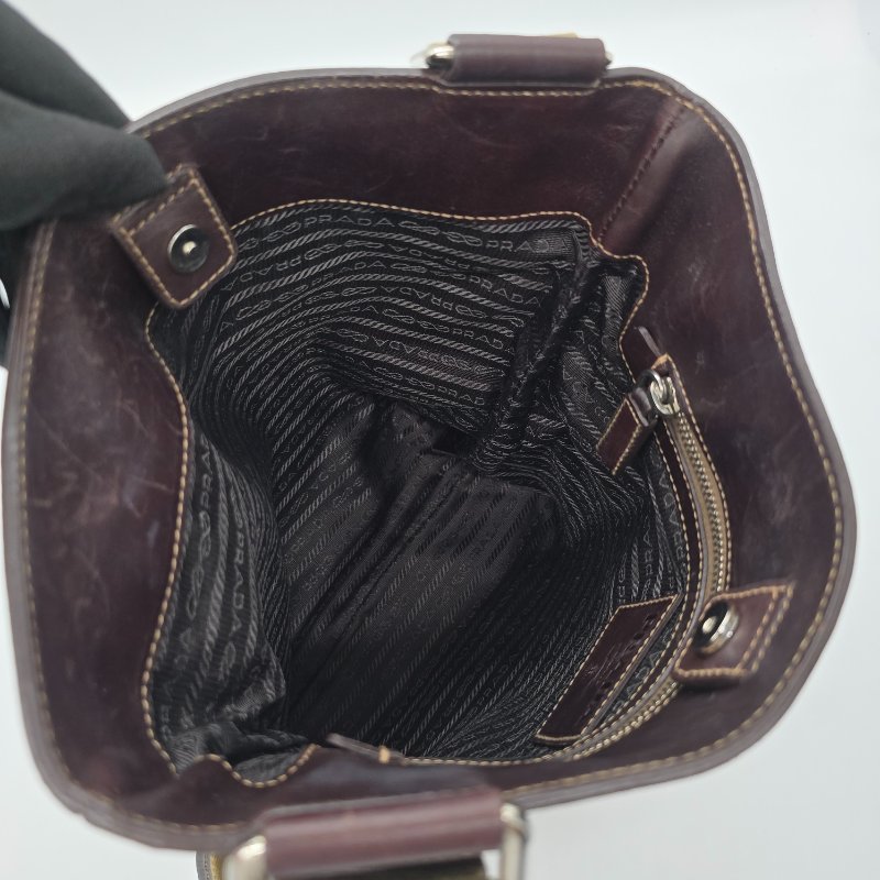 PRADA 普拉達 中古 JACQUARD 帆布肩包 真皮 卡其色 偏米色 深棕色牛皮 肩背包-12