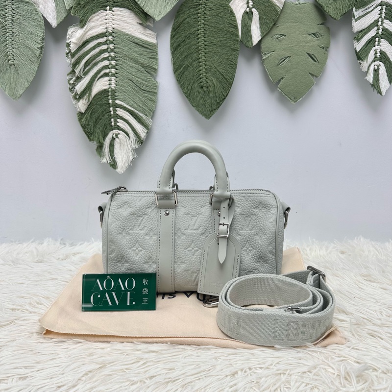 LV 灰綠色真皮壓紋 KeepAll 25 手提斜肩包 晶片款-0