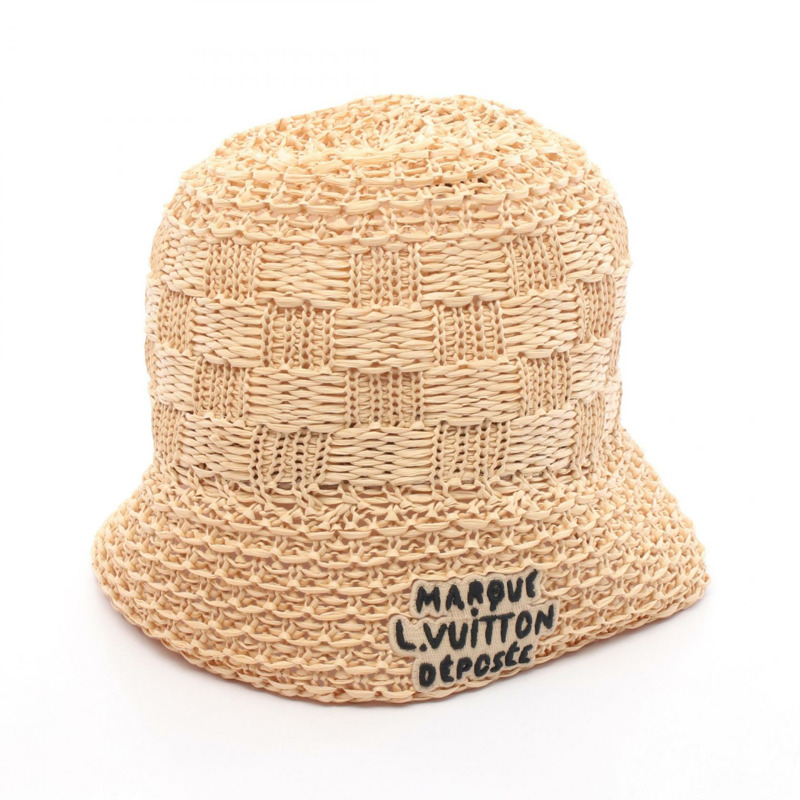 LOUIS VUITTON Damier 帽子 Raffia M7570L 人造絲米色米色二手女士 LV-0