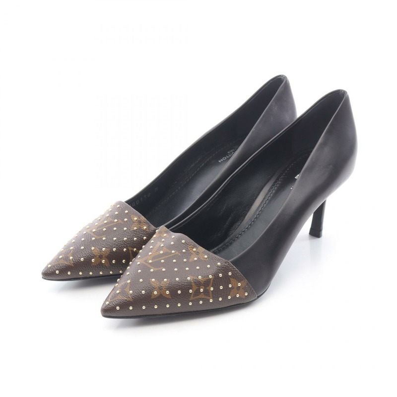 LOUIS VUITTON Monogram 高跟鞋塗層帆布皮革棕色黑色二手女士 37 1/2-0