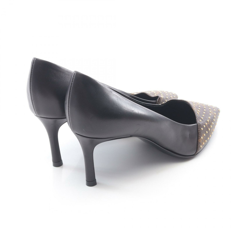 LOUIS VUITTON Monogram 高跟鞋塗層帆布皮革棕色黑色二手女士 37 1/2-1