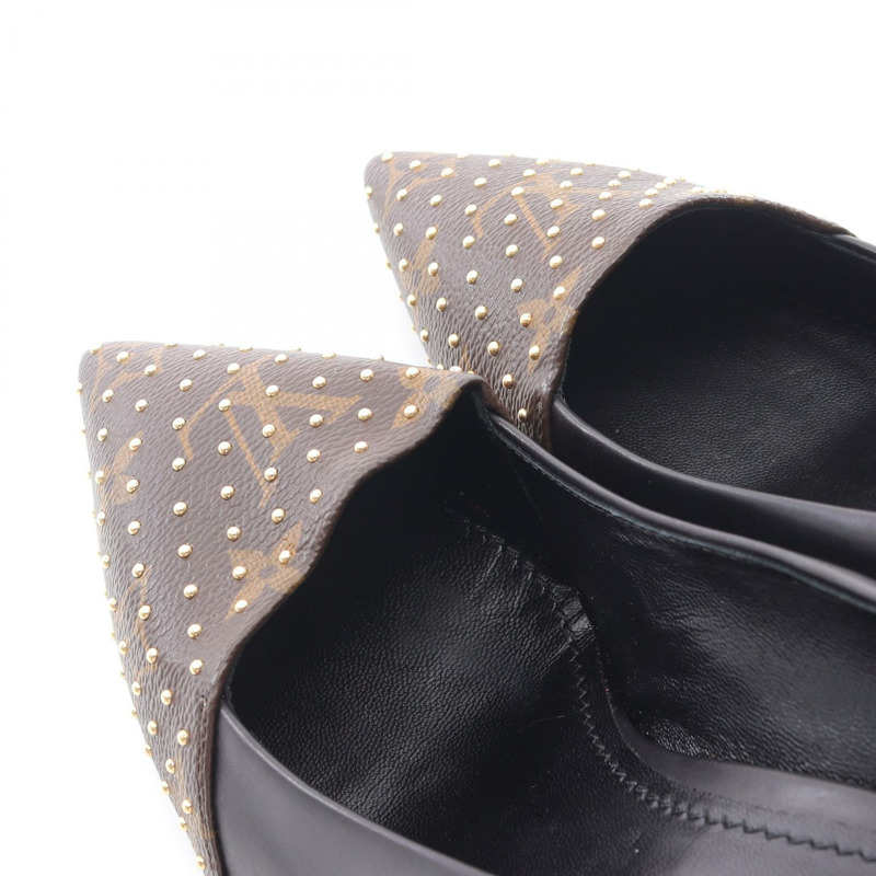 LOUIS VUITTON Monogram 高跟鞋塗層帆布皮革棕色黑色二手女士 37 1/2-7