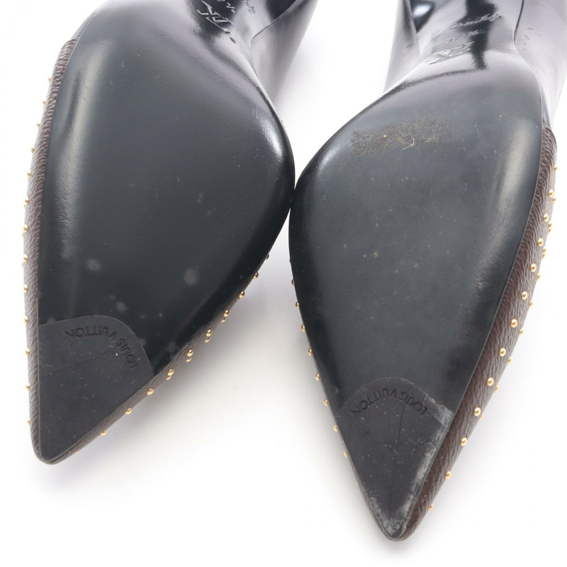 LOUIS VUITTON Monogram 高跟鞋塗層帆布皮革棕色黑色二手女士 37 1/2-11