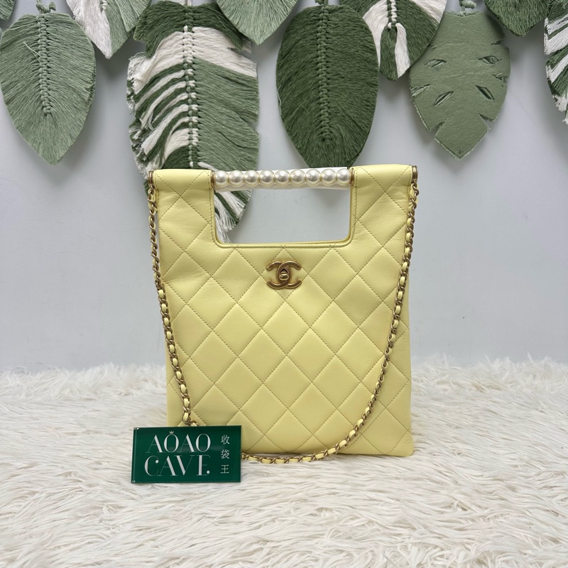全新🔥CHANEL 25P 黃色金扣羊皮珍珠包 手提單肩包-0