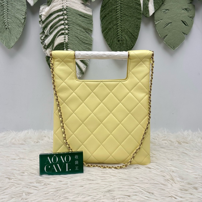 全新🔥CHANEL 25P 黃色金扣羊皮珍珠包 手提單肩包-4