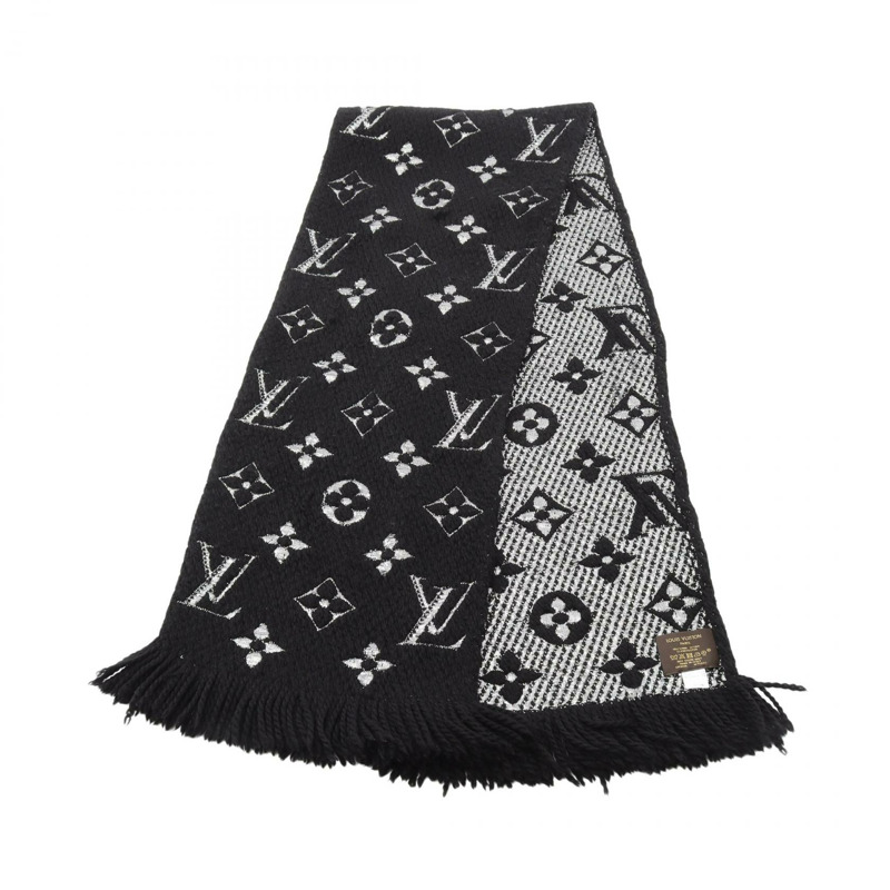 LOUIS VUITTON Logo Mania Shine 圍巾 M75833 羊毛絲綢黑色銀色二手男女通用-0