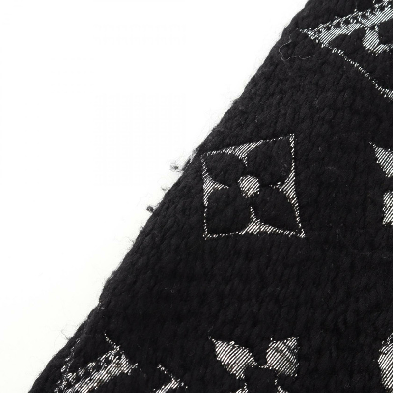 LOUIS VUITTON Logo Mania Shine 圍巾 M75833 羊毛絲綢黑色銀色二手男女通用-3