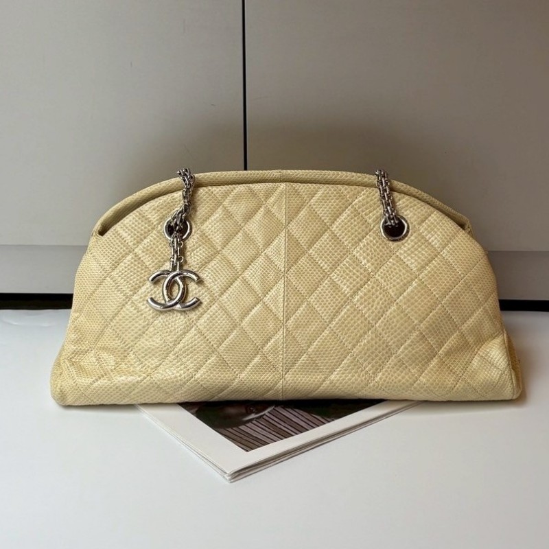 Chanel 銀鍊淺米黃蜥蜴皮革小號仕女包-0