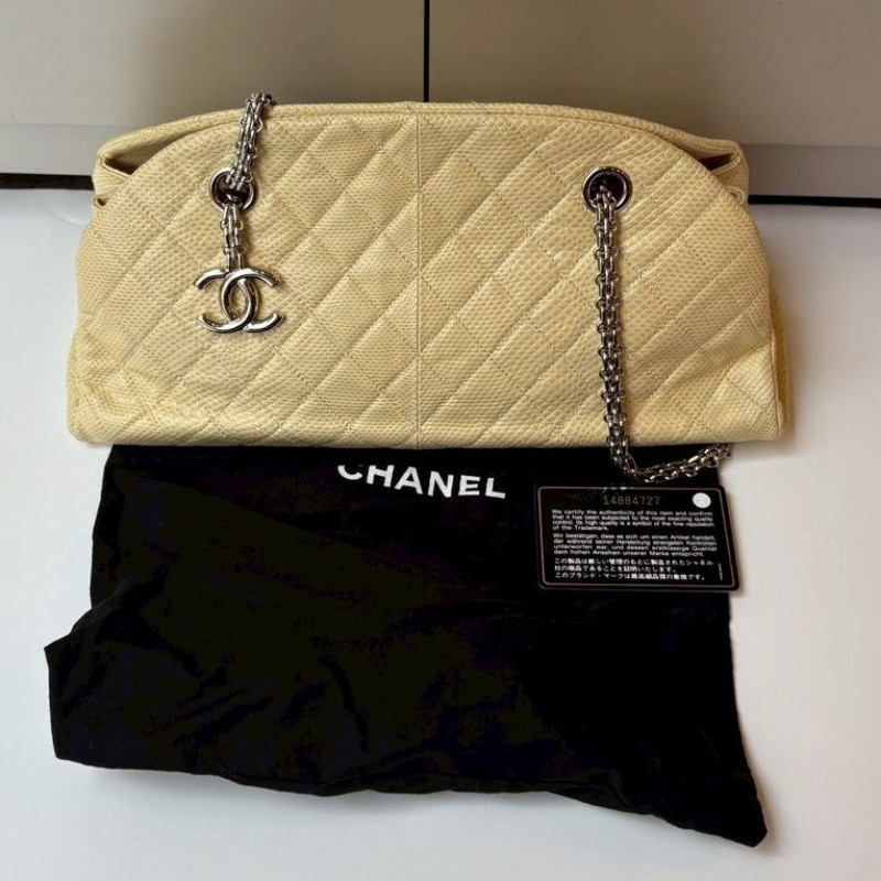 Chanel 銀鍊淺米黃蜥蜴皮革小號仕女包-1