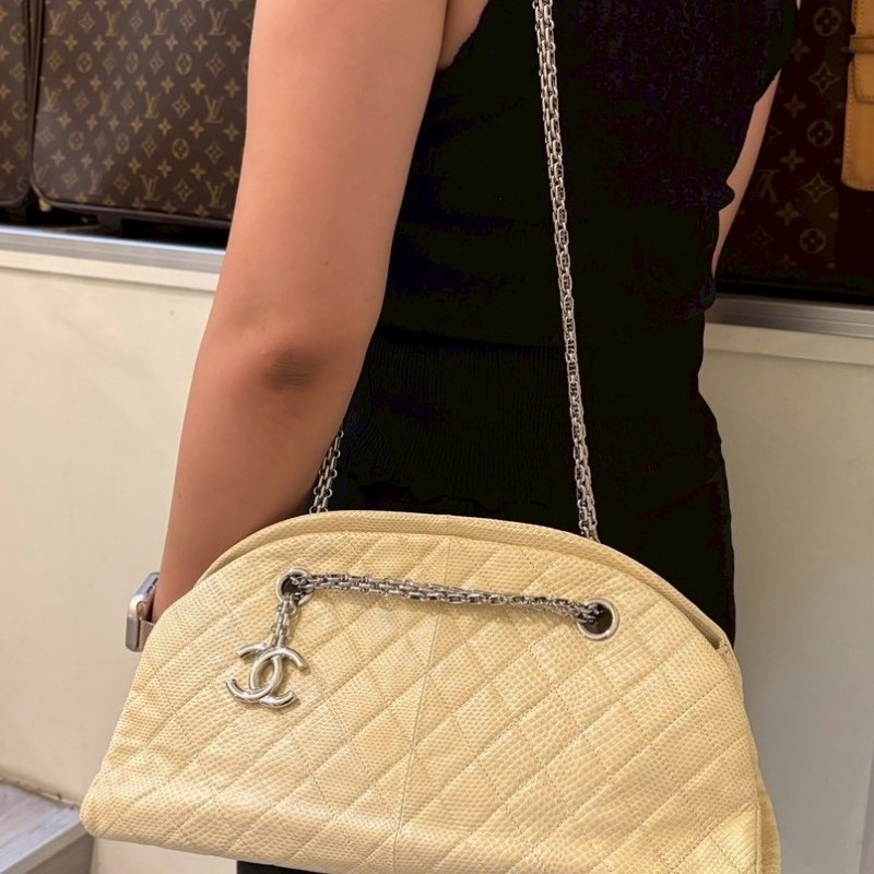 Chanel 銀鍊淺米黃蜥蜴皮革小號仕女包-4