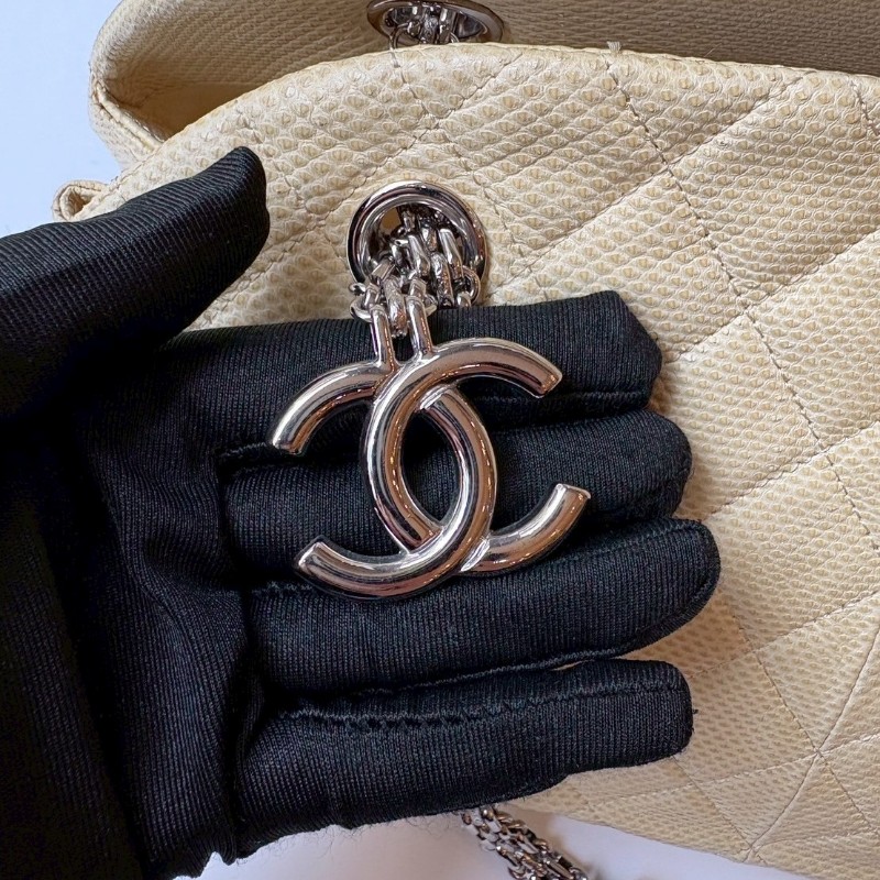 Chanel 銀鍊淺米黃蜥蜴皮革小號仕女包-5