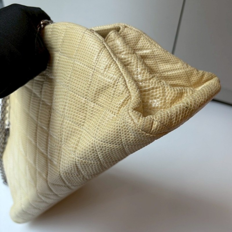 Chanel 銀鍊淺米黃蜥蜴皮革小號仕女包-10