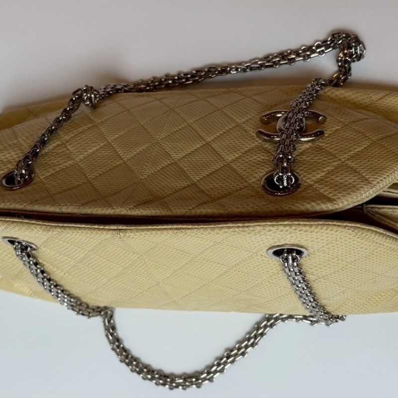 Chanel 銀鍊淺米黃蜥蜴皮革小號仕女包-13