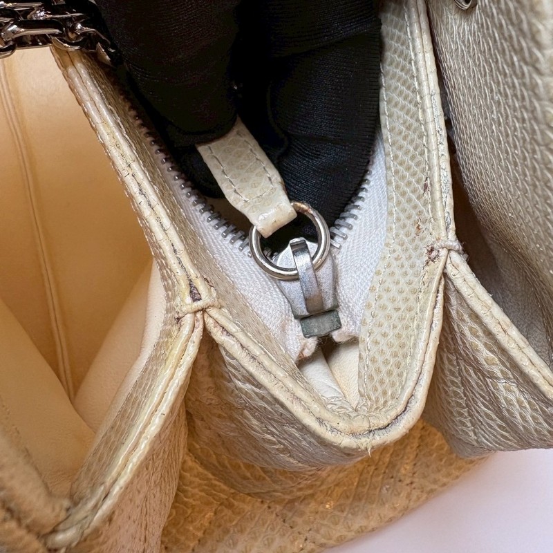 Chanel 銀鍊淺米黃蜥蜴皮革小號仕女包-14