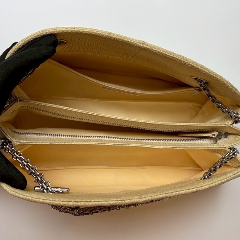 Chanel 銀鍊淺米黃蜥蜴皮革小號仕女包-16