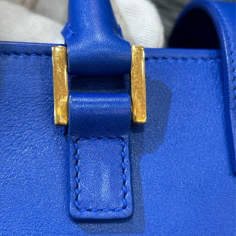 YSL 372087 Cabas Mini 皇家藍 牛皮 金釦 手提包 肩背包 斜背包 兩用包 學院包-15
