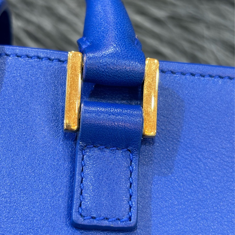YSL 372087 Cabas Mini 皇家藍 牛皮 金釦 手提包 肩背包 斜背包 兩用包 學院包-16