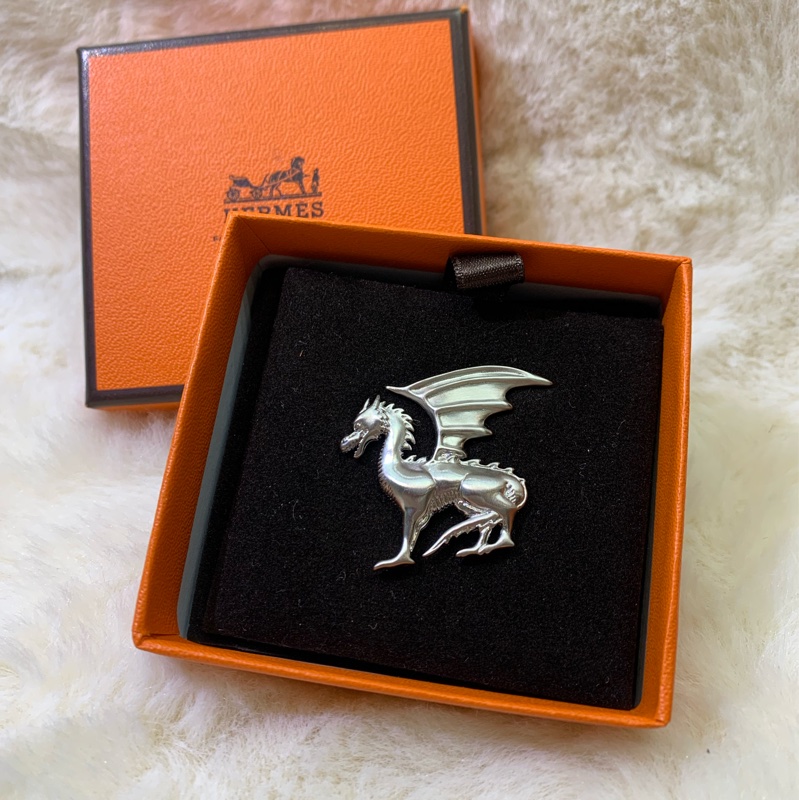 Hermes 愛馬仕 銀色 飛龍胸針 I454-0