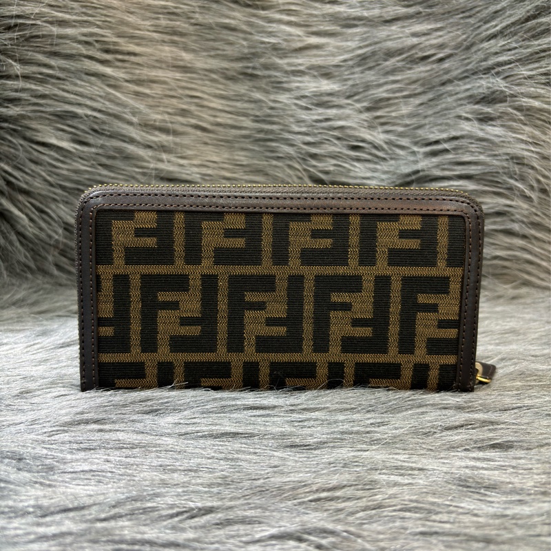 Fendi 8M0024 深咖啡 牛皮 緹花 FF 老花 原花 拉鍊 零錢袋 發財長夾 皮夾-3