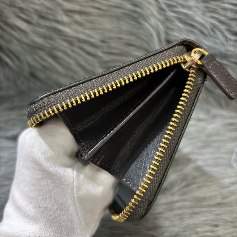 Fendi 8M0024 深咖啡 牛皮 緹花 FF 老花 原花 拉鍊 零錢袋 發財長夾 皮夾-16