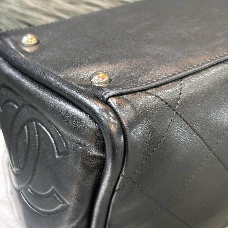CHANEL 黑色 全皮 皮穿鍊 銀鍊 金屬 LOGO 雙C 拉鍊 手提包 肩背包 老香包 吐司包 側背包 公事包 豆腐包-7