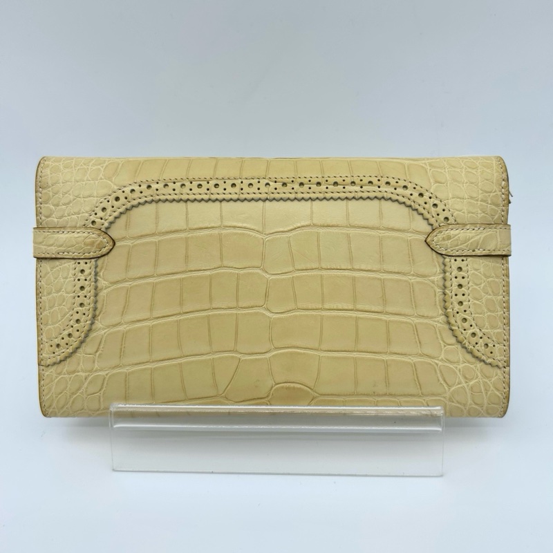 「JL精品代購」保存品品質 愛馬仕香草色霧面鱷魚皮花邊長款kelly二折長夾/手拿包 銀扣-2