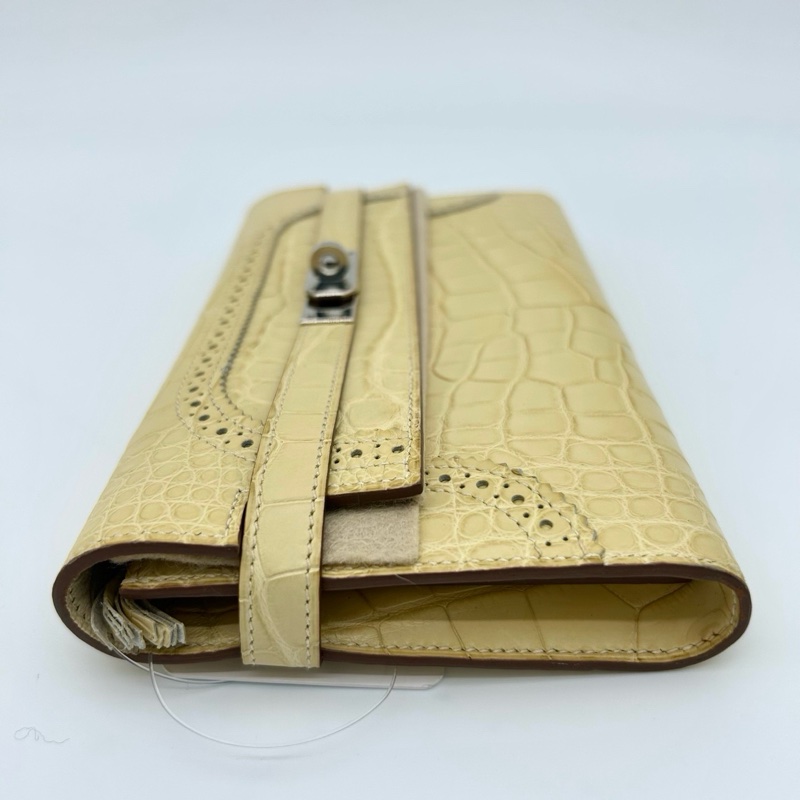 「JL精品代購」保存品品質 愛馬仕香草色霧面鱷魚皮花邊長款kelly二折長夾/手拿包 銀扣-3