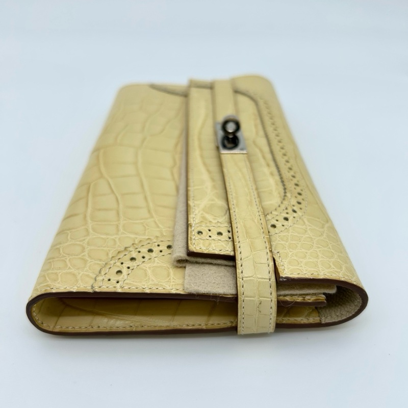 「JL精品代購」保存品品質 愛馬仕香草色霧面鱷魚皮花邊長款kelly二折長夾/手拿包 銀扣-4