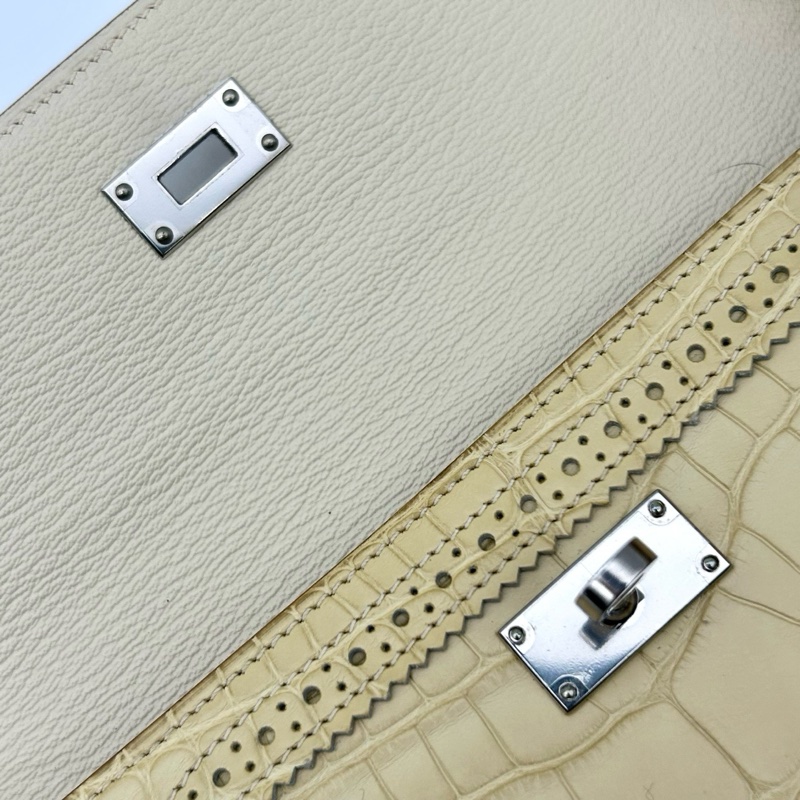 「JL精品代購」保存品品質 愛馬仕香草色霧面鱷魚皮花邊長款kelly二折長夾/手拿包 銀扣-7