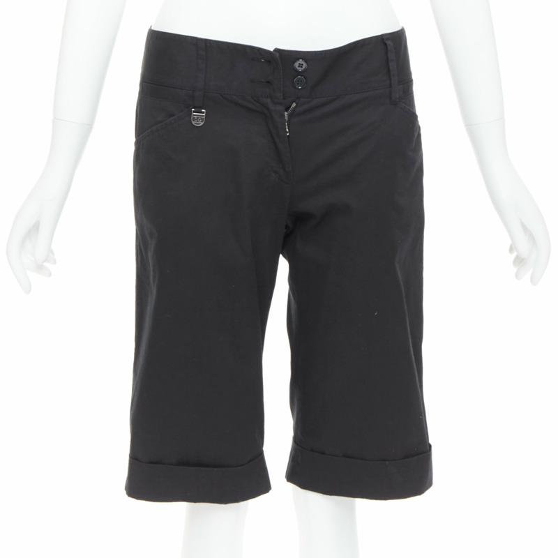 DOLCE GABBANA black cotton silk DG charm cuffed bermuda shorts IT38 XS-0