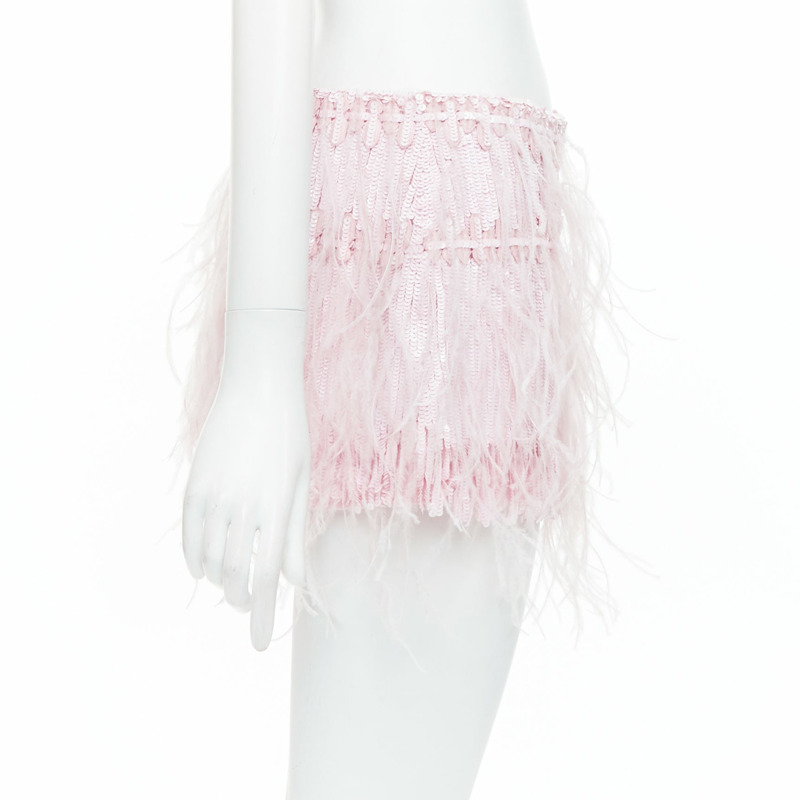 VALENTINO 2023 baby pink silk sequin ostrich feather mini skirt IT40 S-3