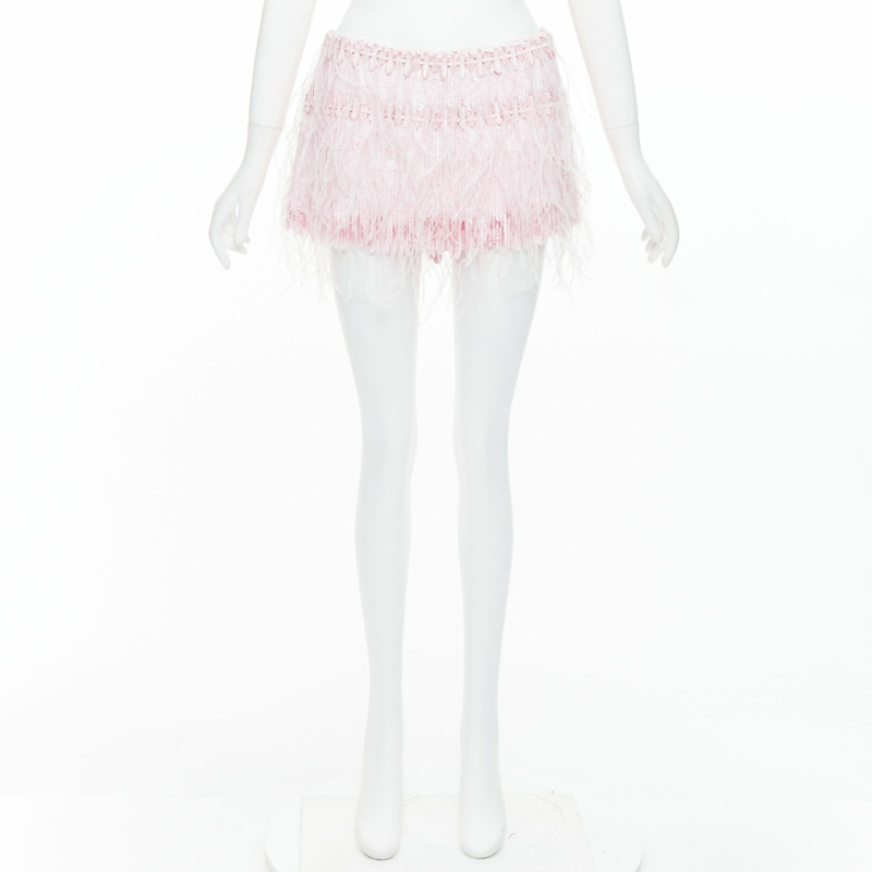 VALENTINO 2023 baby pink silk sequin ostrich feather mini skirt IT40 S-8