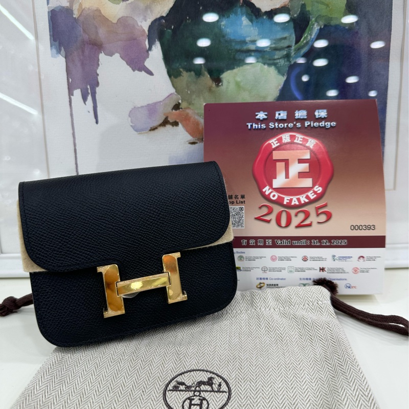 Hermes 愛馬仕康康皮夾腰包 constance slim黑金B刻-0