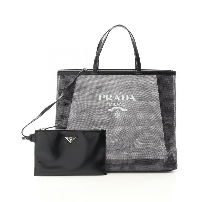 PRADA 標誌托特包 手提包 1BG416 皮革亮片黑色 二手 女士-0