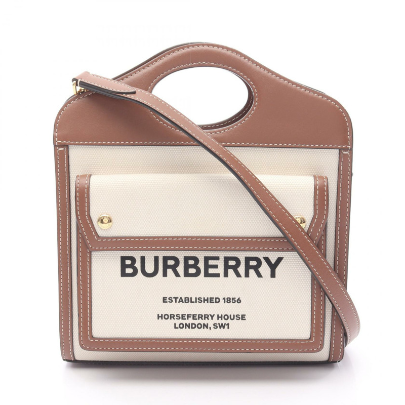 BURBERRY Horseferry 兩用單肩手提包 皮革帆布 棕色 米色 二手 女士-0