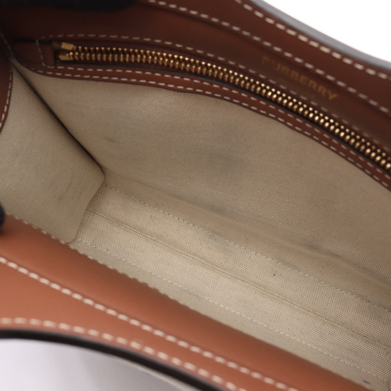 BURBERRY Horseferry 兩用單肩手提包 皮革帆布 棕色 米色 二手 女士-4