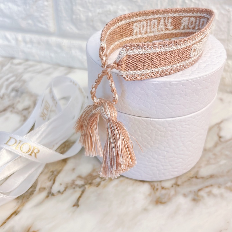 全新✨ DIOR/迪奥J'Adior 粉色棉質Oblique 刺繡編織印花手環/粉白配色-4