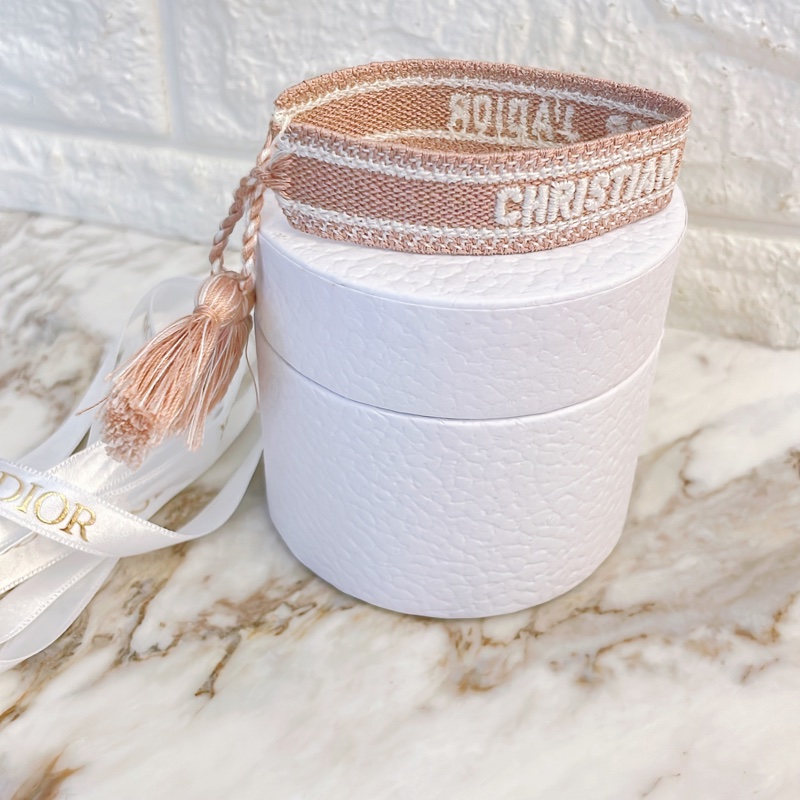 全新✨ DIOR/迪奥J'Adior 粉色棉質Oblique 刺繡編織印花手環/粉白配色-5