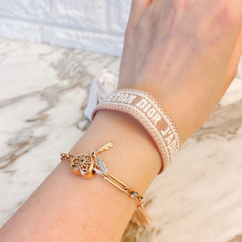 全新✨ DIOR/迪奥J'Adior 粉色棉質Oblique 刺繡編織印花手環/粉白配色-6