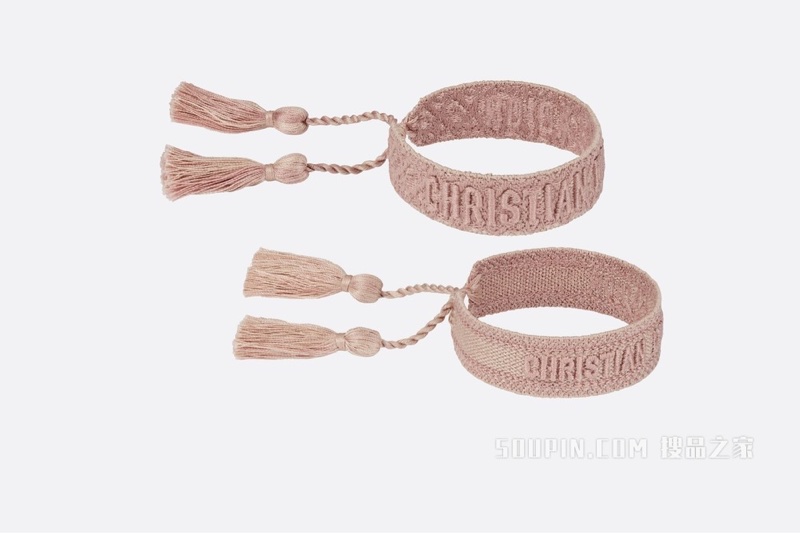 全新✨ DIOR/迪奥J'Adior 粉色棉質Oblique 刺繡編織印花手環/粉白配色-8