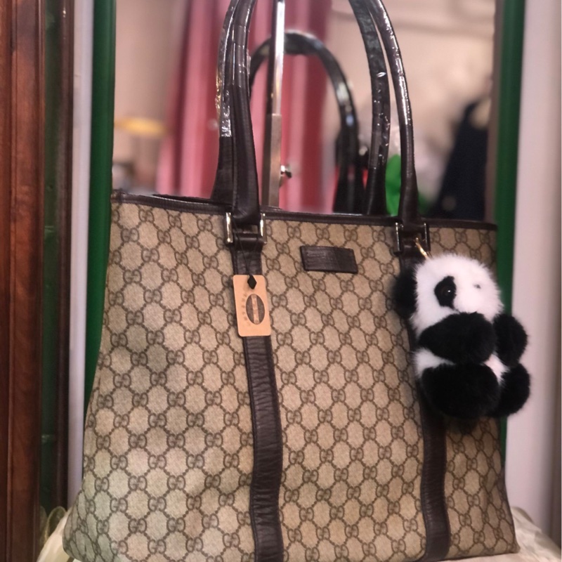 GUCCI 塗層帆布Tote Bag銀扣手挽袋棕色-0