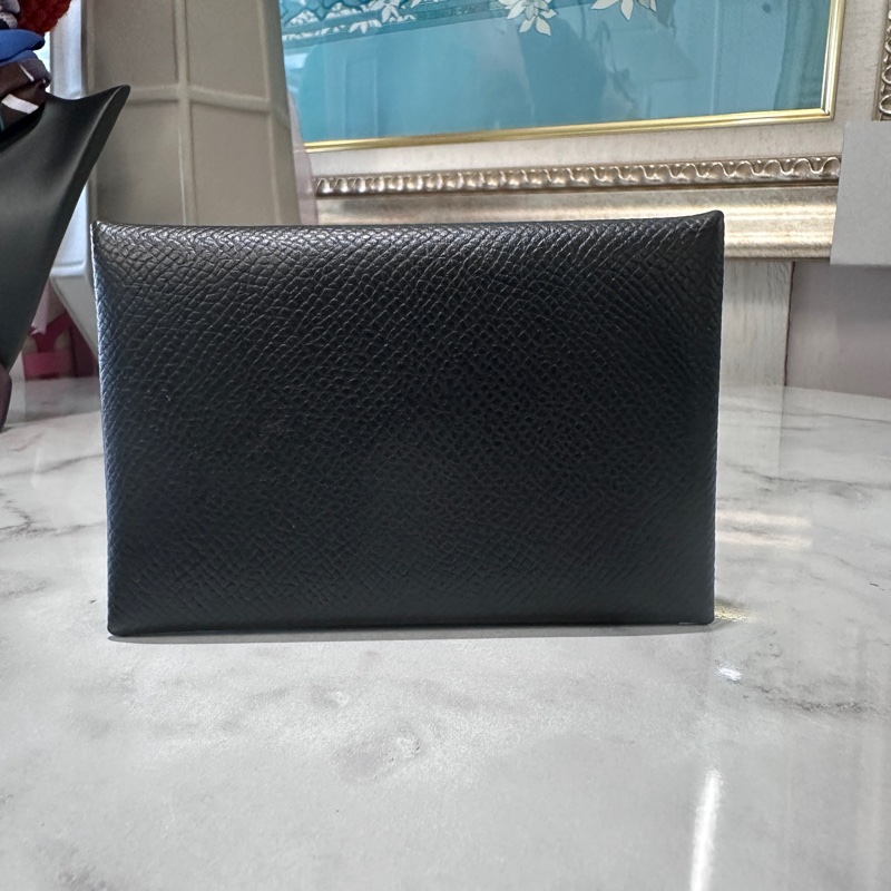 Hermes 89黑Epson皮Calvi Duo銀釦對開卡包-0