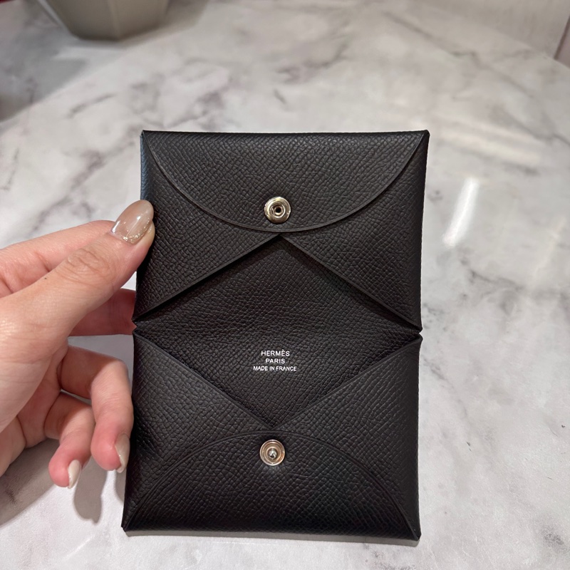 Hermes 89黑Epson皮Calvi Duo銀釦對開卡包-6